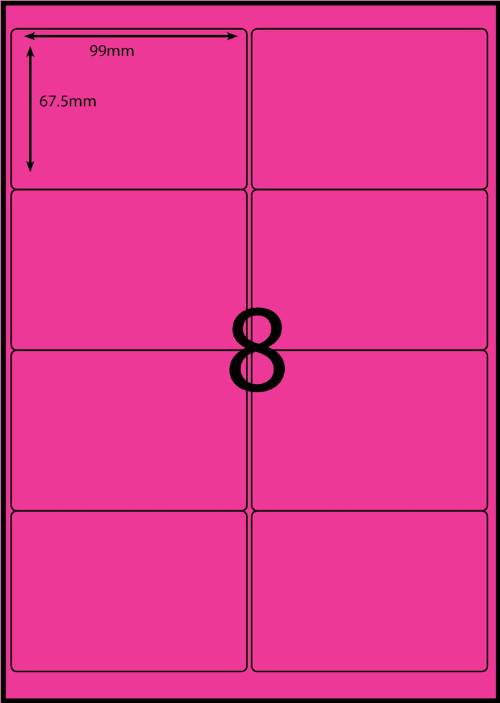 99 x 67.5 mm pink A4 sheet label, 8 per sheet, 2 across.