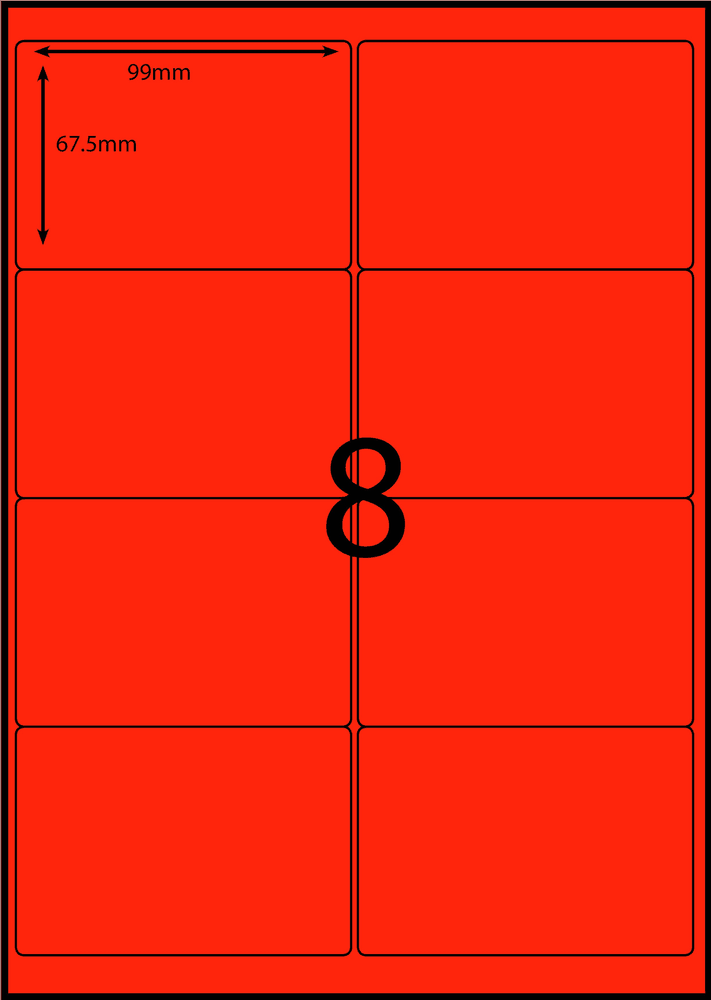 99 x 67.5 mm red A4 sheet label, 8 per sheet, 2 across.