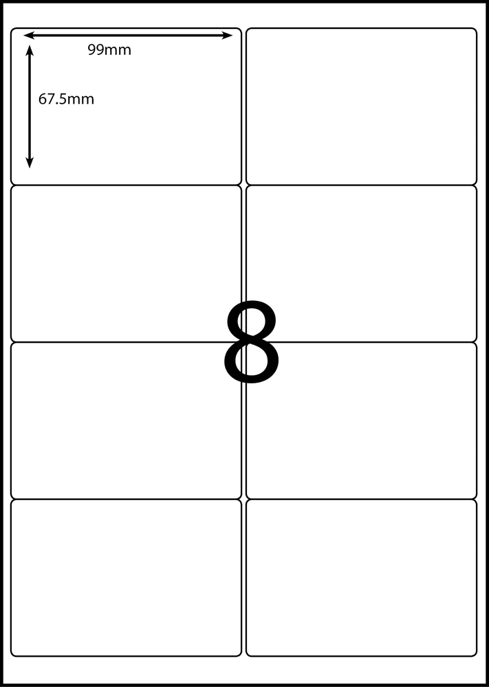 99 x 67.5 mm white A4 sheet label, 8 per sheet, 2 across.