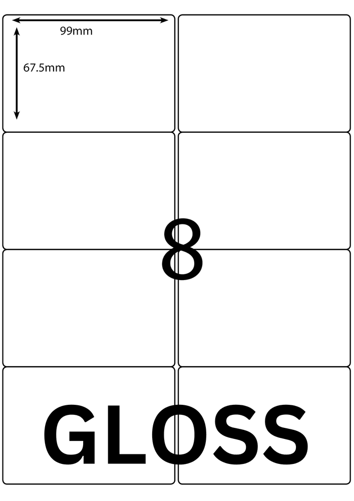 99 x 67.5 mm white A4 sheet label, 8 per sheet, 2 across.