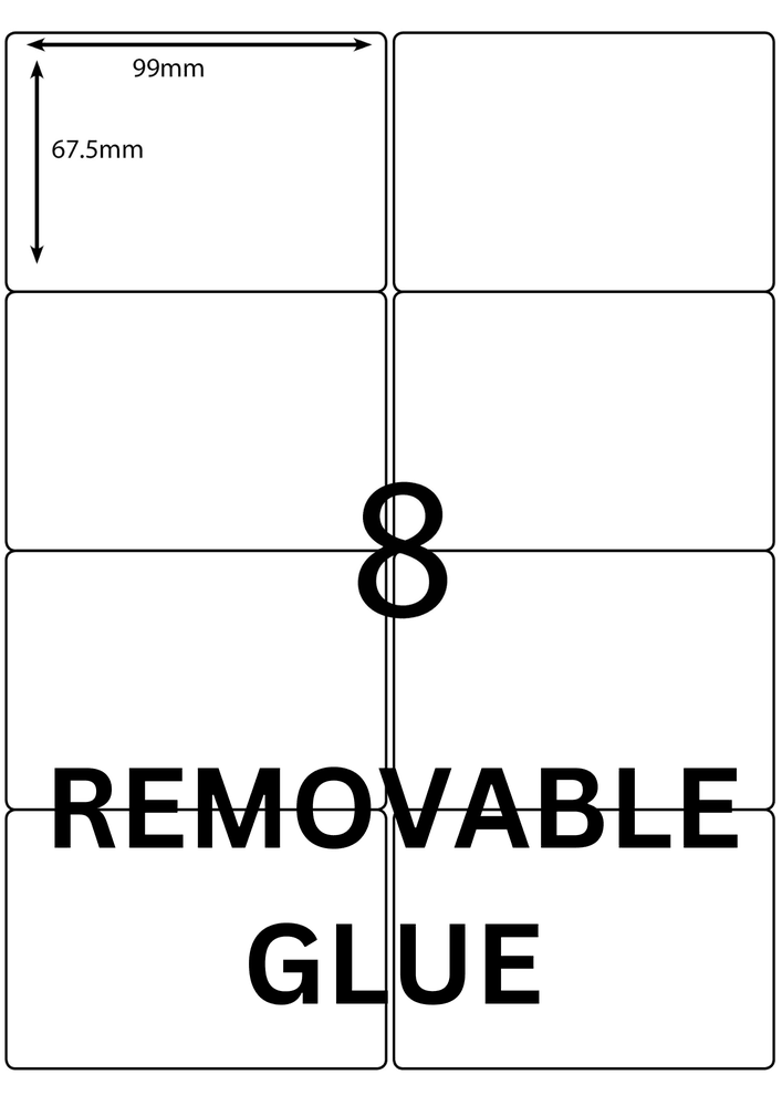99 x 67.5 mm white A4 sheet label, 8 per sheet, 2 across.