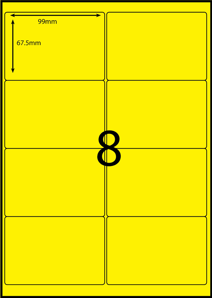 99 x 67.5 mm yellow A4 sheet label, 8 per sheet, 2 across.