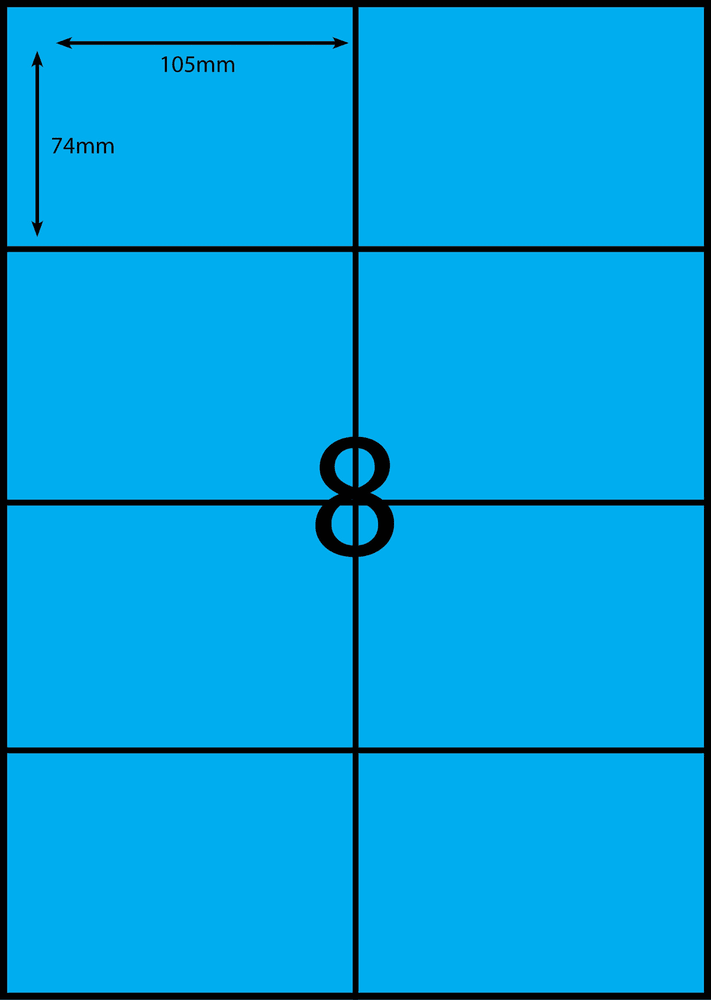 105 x 74 mm blue A4 sheet label, 8 per sheet, 2 across.