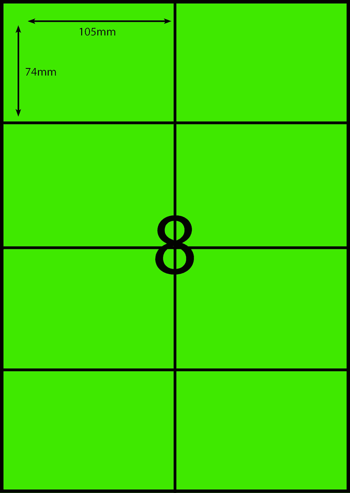 105 x 74 mm green A4 sheet label, 8 per sheet, 2 across.