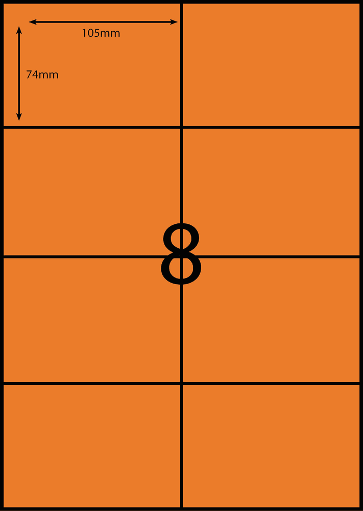 105 x 74 mm orange A4 sheet label, 8 per sheet, 2 across.