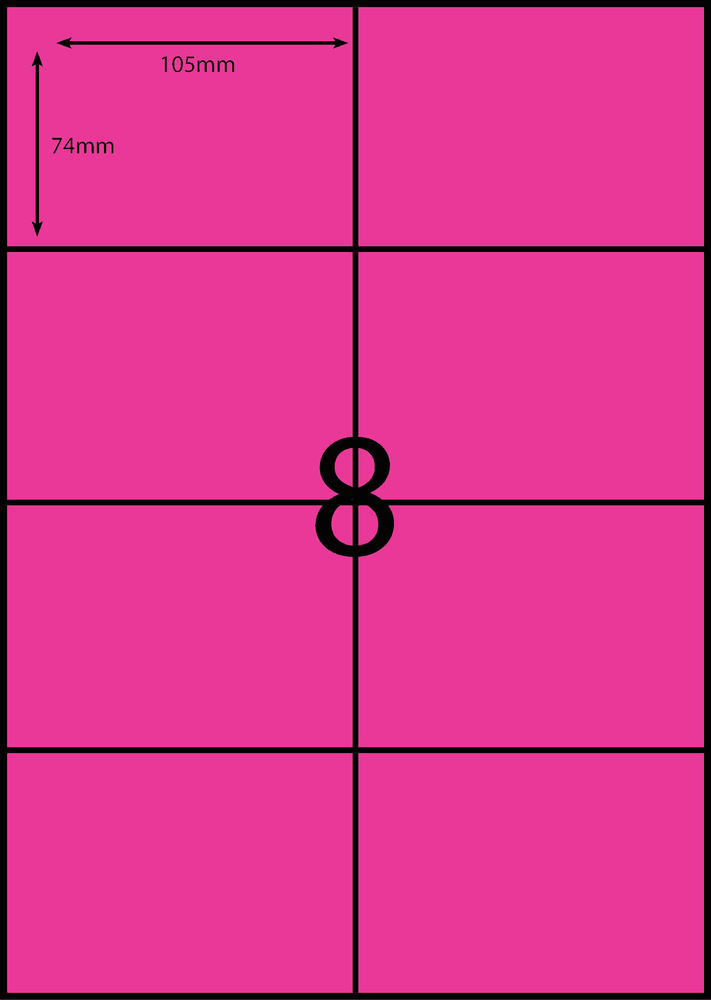 105 x 74 mm pink A4 sheet label, 8 per sheet, 2 across.