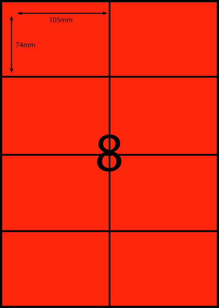 105 x 74 mm red A4 sheet label, 8 per sheet, 2 across.