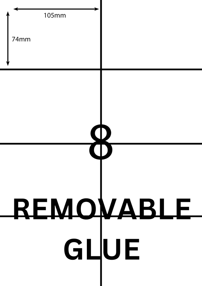 105 x 74 mm white A4 sheet label, 8 per sheet, 2 across.