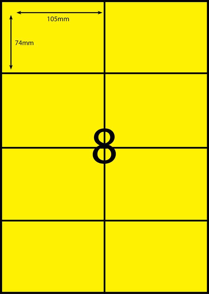 105 x 74 mm yellow A4 sheet label, 8 per sheet, 2 across.