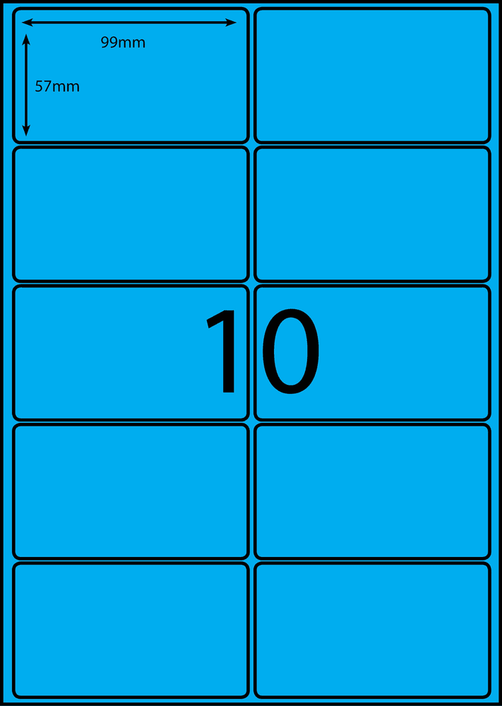 99 x 57 mm blue A4 sheet label, 10 per sheet, 2 across.