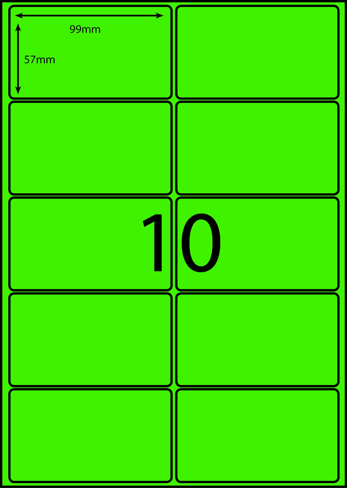 99 x 57 mm green A4 sheet label, 10 per sheet, 2 across.