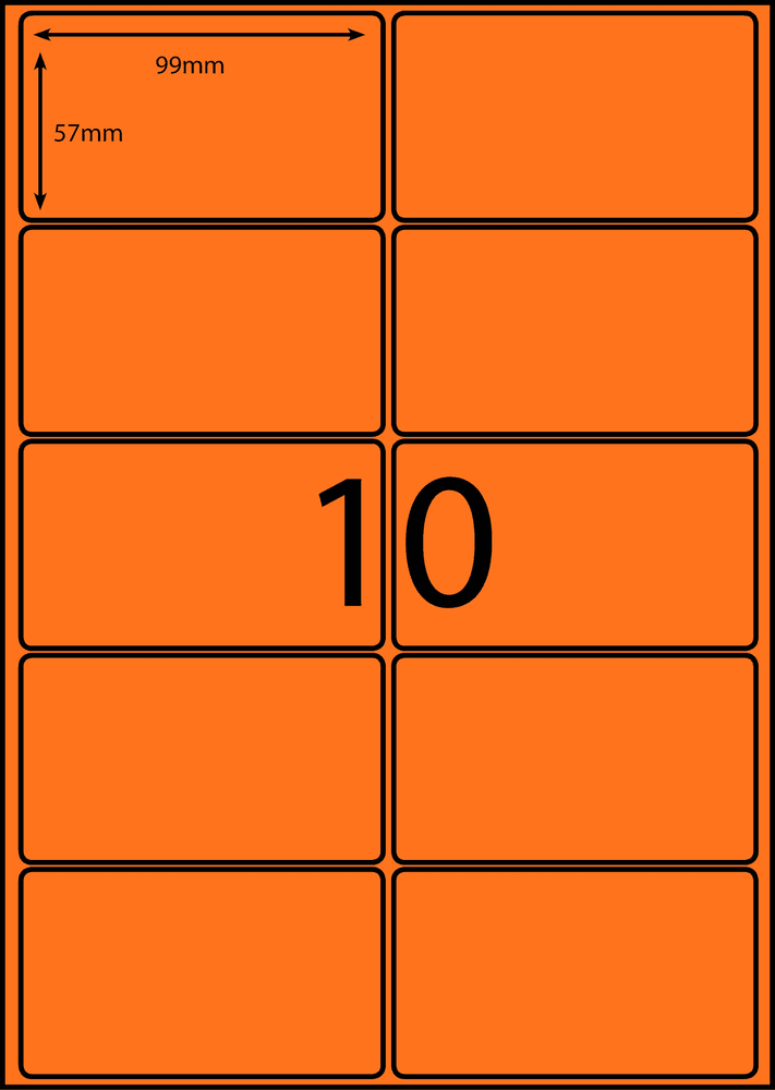 99 x 57 mm orange A4 sheet label, 10 per sheet, 2 across.
