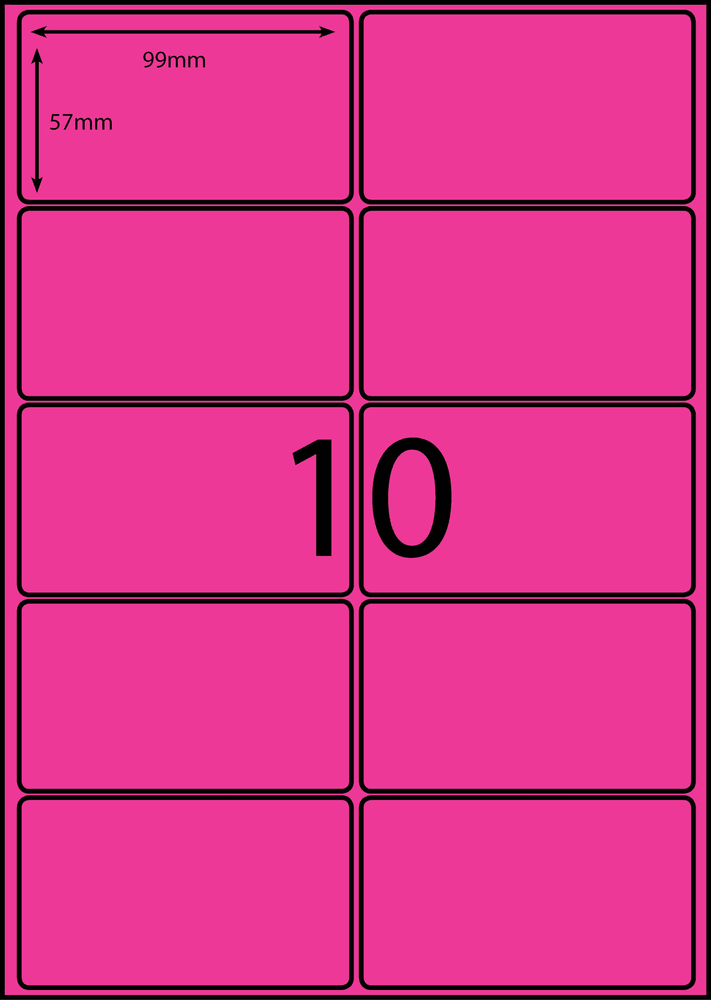 99 x 57 mm pink A4 sheet label, 10 per sheet, 2 across.