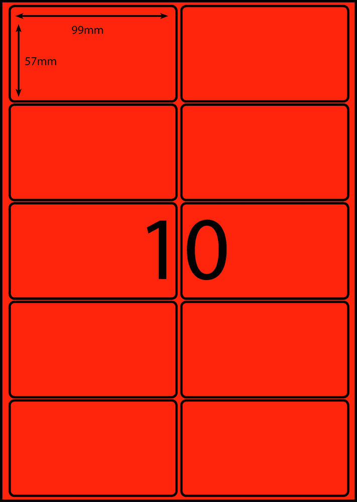 99 x 57 mm red A4 sheet label, 10 per sheet, 2 across.