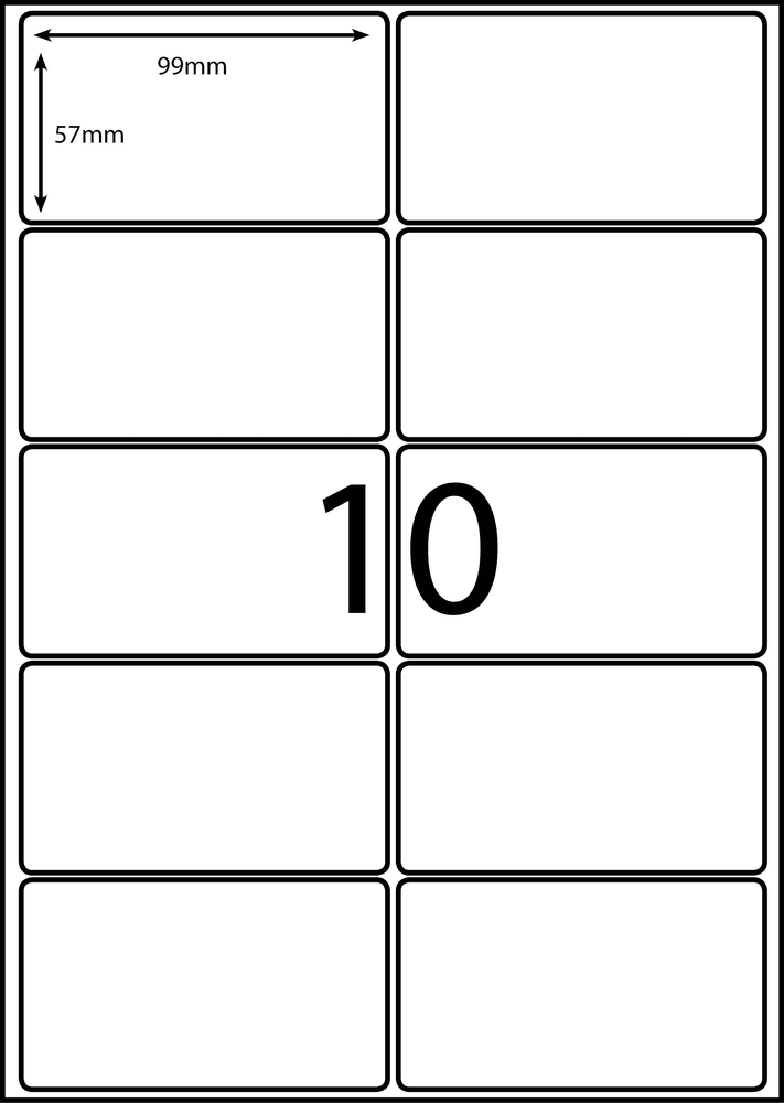99 x 57 mm white A4 sheet label, 10 per sheet, 2 across.