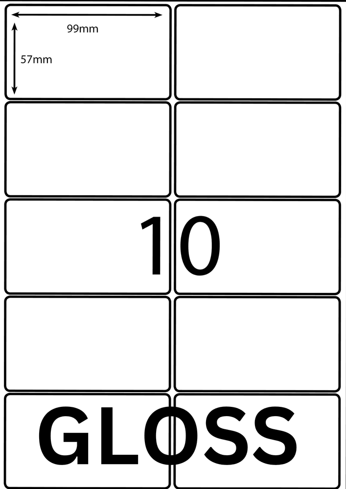 99 x 57 mm white A4 sheet label, 10 per sheet, 2 across.