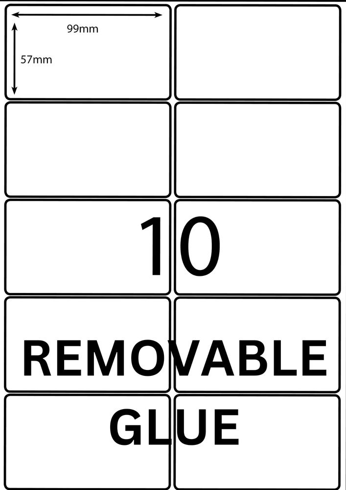 99 x 57 mm white A4 sheet label, 10 per sheet, 2 across.