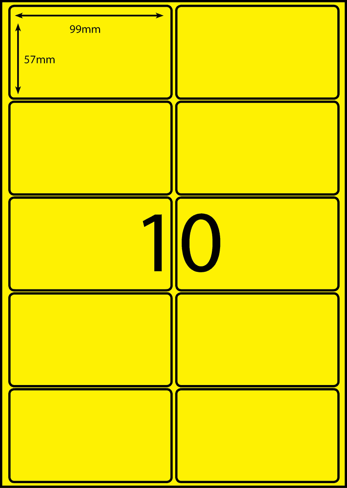 99 x 57 mm yellow A4 sheet label, 10 per sheet, 2 across.