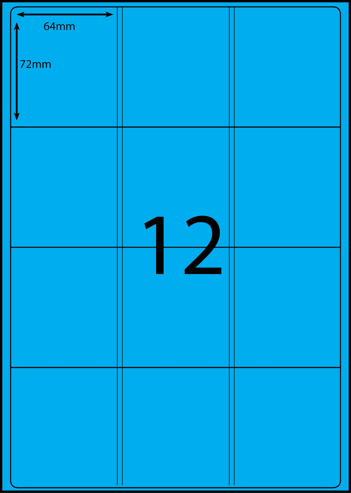 64 x 72 mm blue A4 sheet label, 12 per sheet, 3 across.
