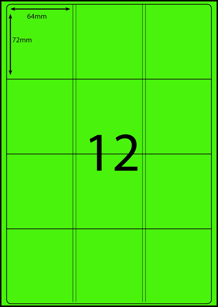 64 x 72 mm green A4 sheet label, 12 per sheet, 3 across.