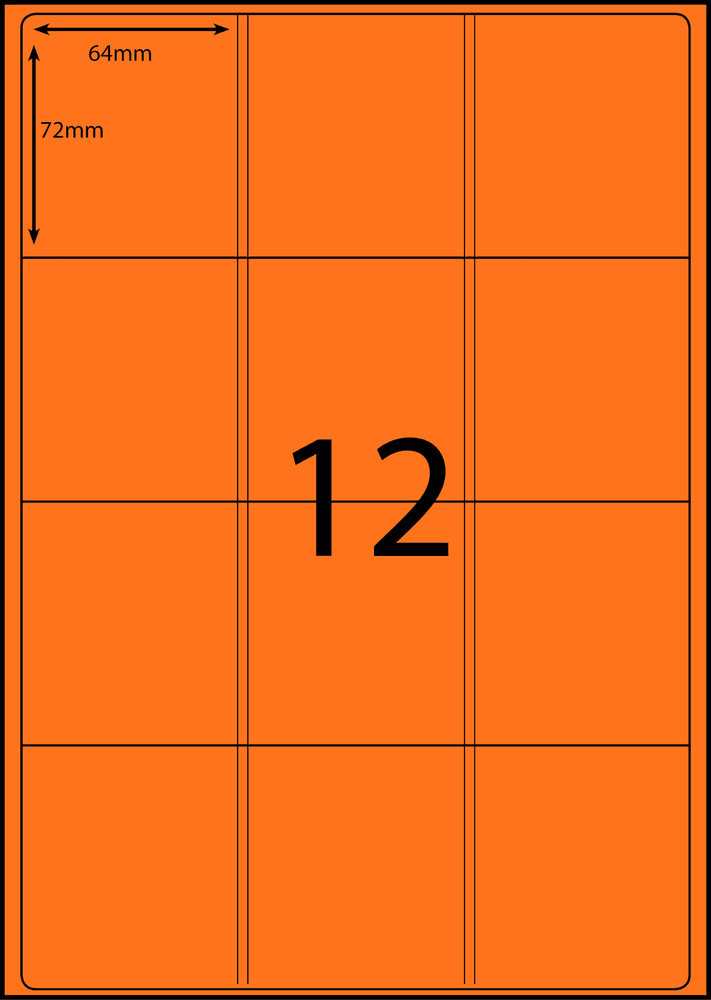 64 x 72 mm orange A4 sheet label, 12 per sheet, 3 across.