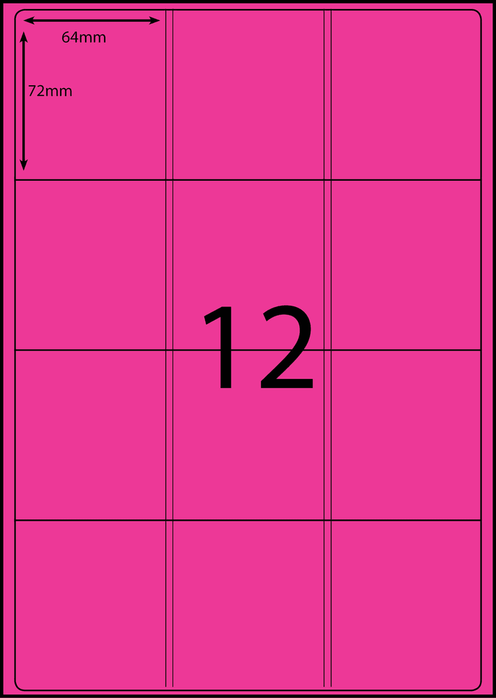 64 x 72 mm pink A4 sheet label, 12 per sheet, 3 across.
