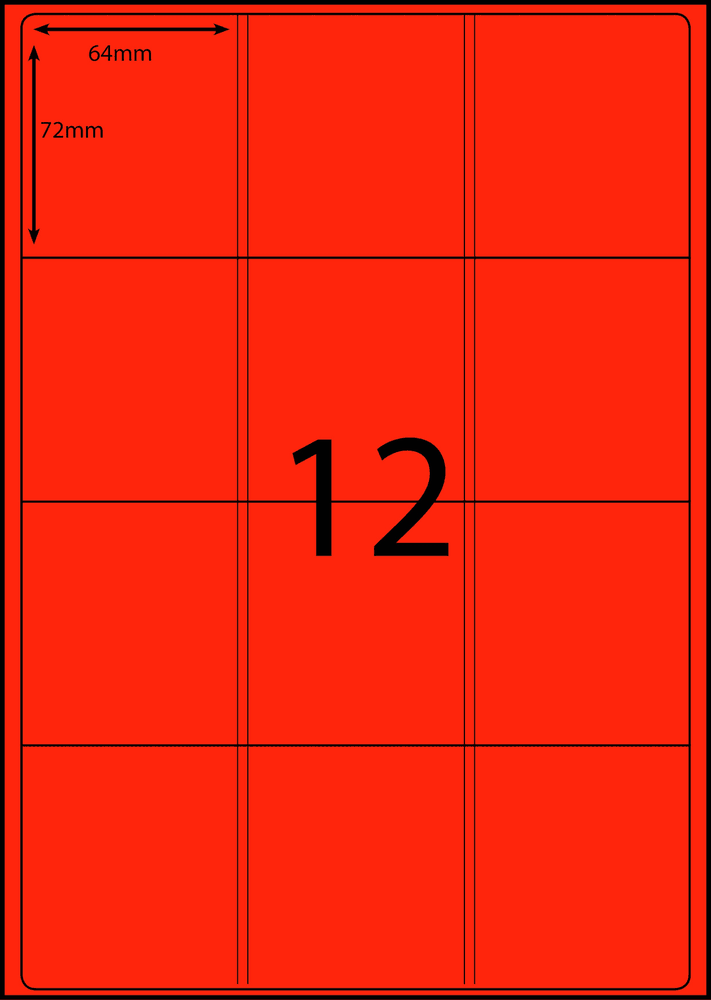 64 x 72 mm red A4 sheet label, 12 per sheet, 3 across.