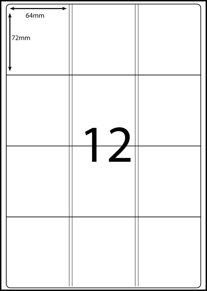 64 x 72 mm white A4 sheet label, 12 per sheet, 3 across.