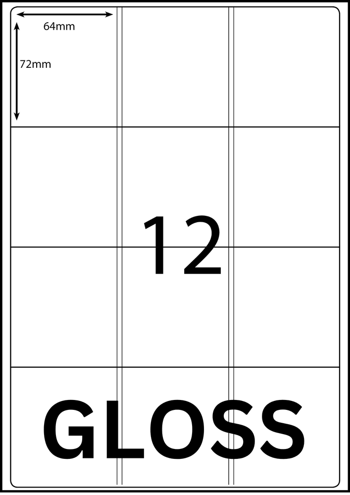 64 x 72 mm white A4 sheet label, 12 per sheet, 3 across.