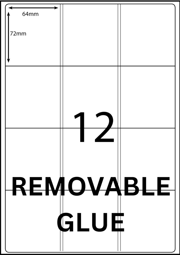 64 x 72 mm white A4 sheet label, 12 per sheet, 3 across.