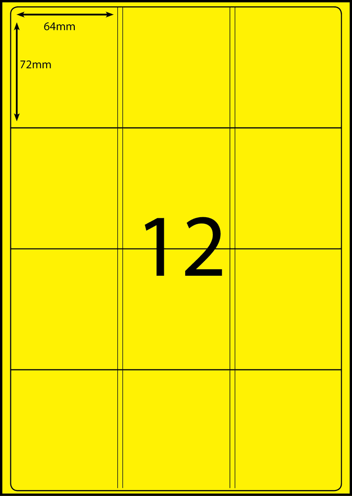 64 x 72 mm yellow A4 sheet label, 12 per sheet, 3 across.