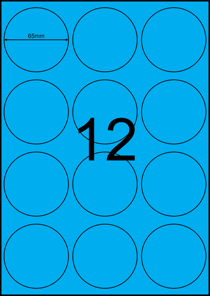 65 mm round blue A4 sheet label, 12 per sheet, 3 across.