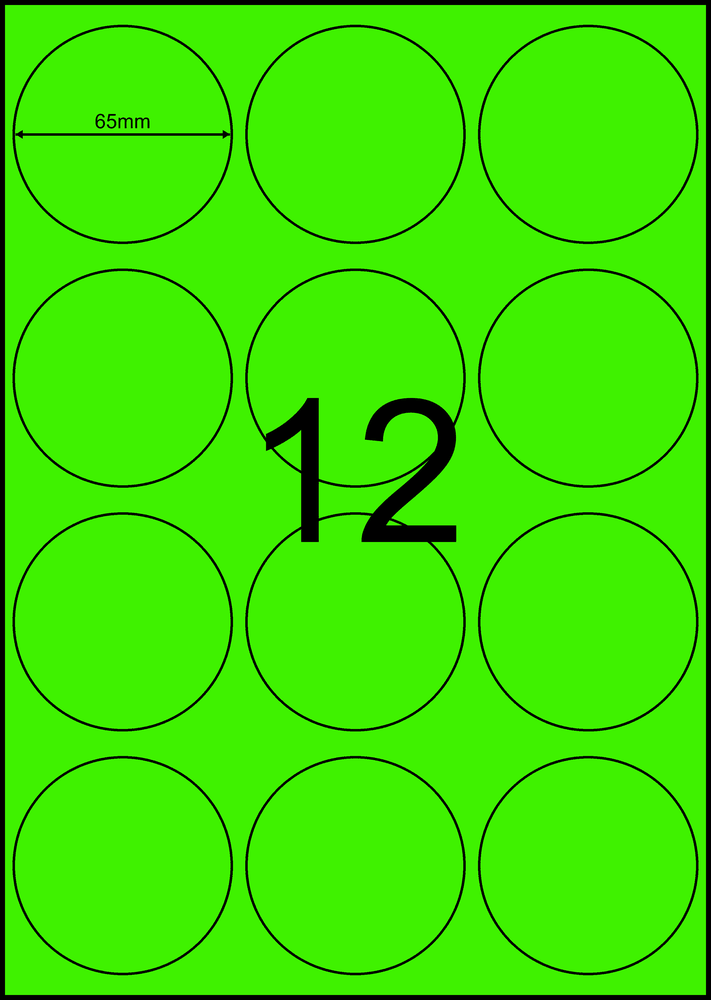 65 mm round green A4 sheet label, 12 per sheet, 3 across.