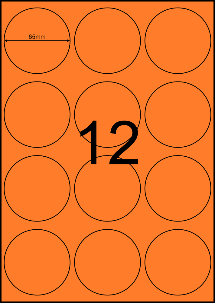 65 mm round orange A4 sheet label, 12 per sheet, 3 across.