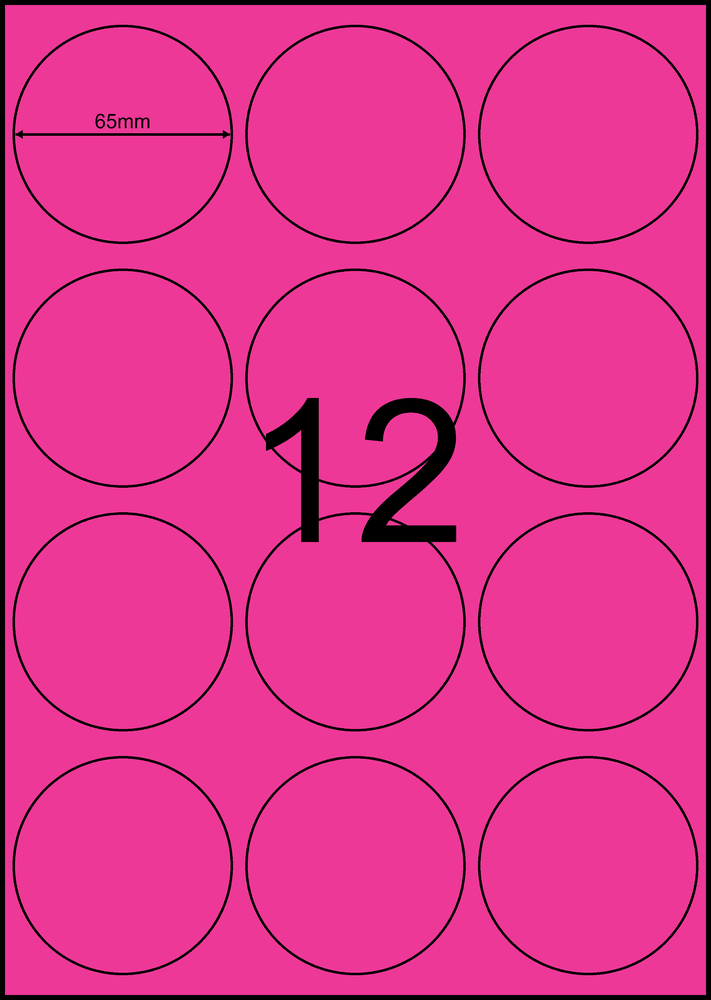 65 mm round pink A4 sheet label, 12 per sheet, 3 across.