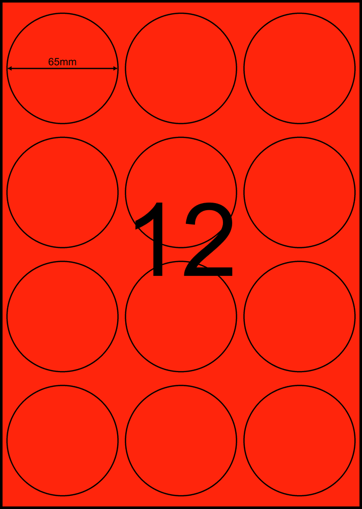 65 mm round red A4 sheet label, 12 per sheet, 3 across.