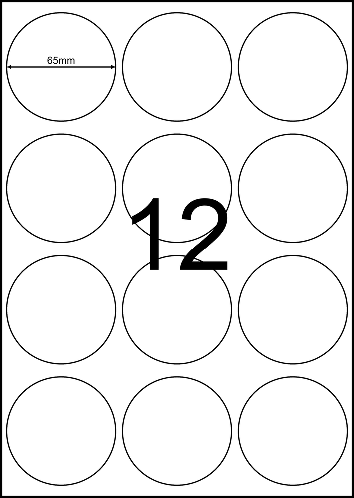 65 mm round white A4 sheet label, 12 per sheet, 3 across.
