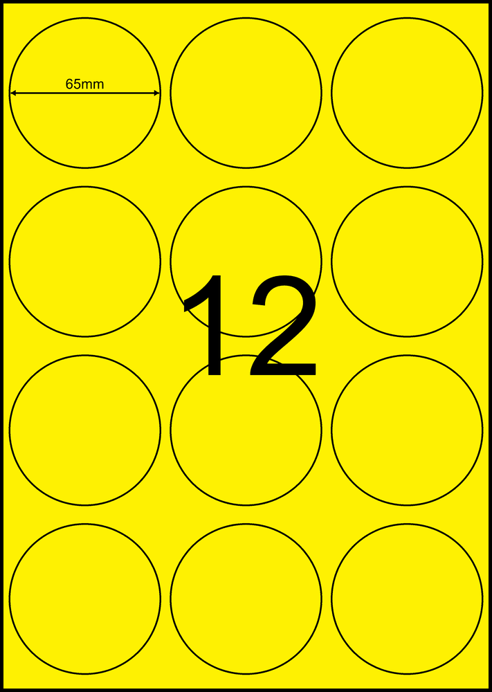65 mm round yellow A4 sheet label, 12 per sheet, 3 across.
