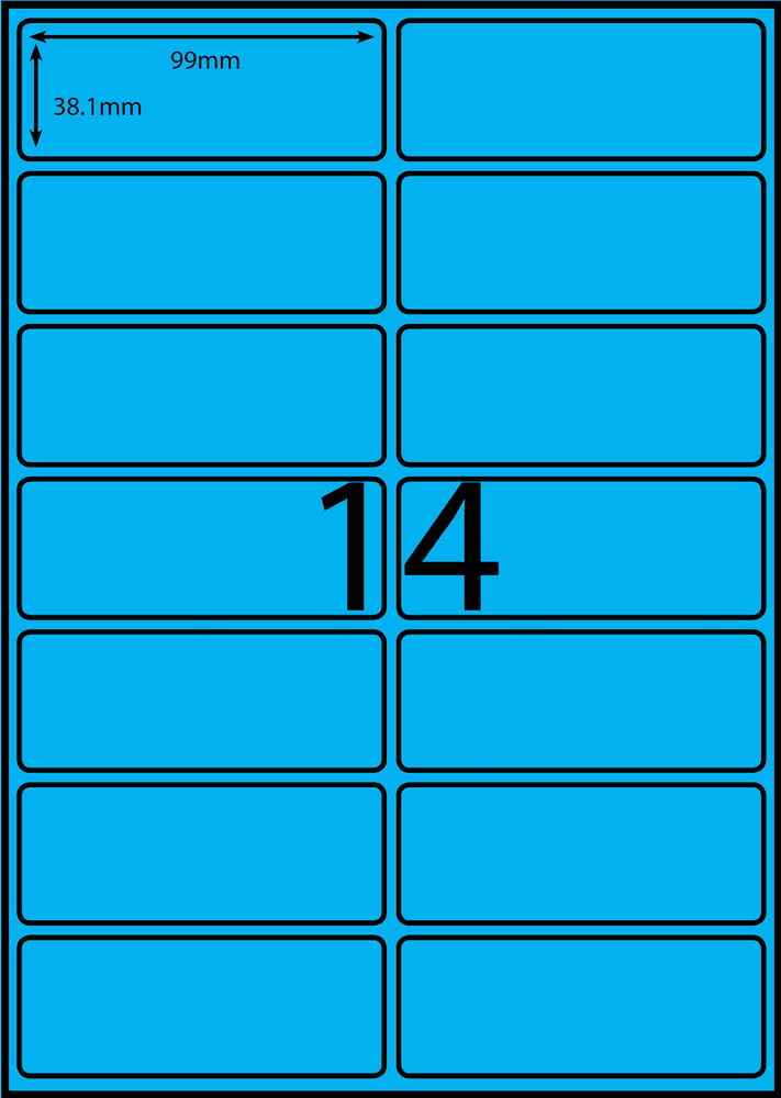 99 x 38.1 mm blue A4 sheet label, 14 per sheet, 2 across.