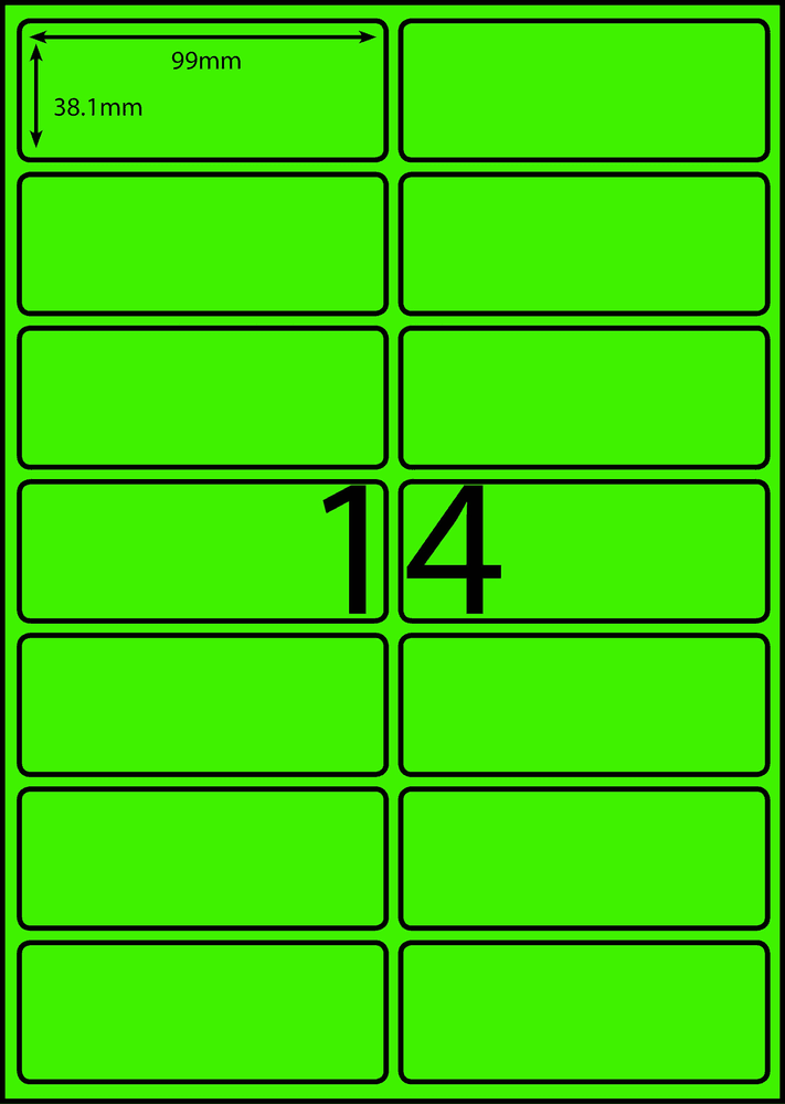 99 x 38.1 mm green A4 sheet label, 14 per sheet, 2 across.
