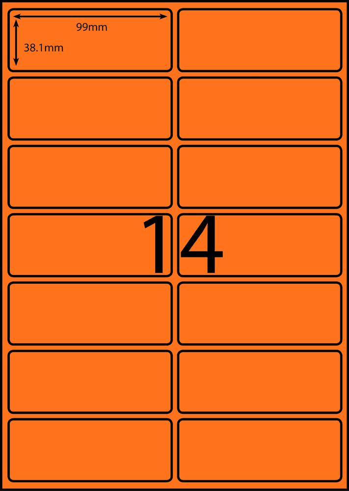 99 x 38.1 mm orange A4 sheet label, 14 per sheet, 2 across.
