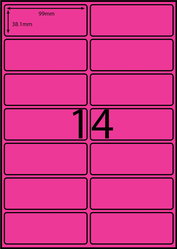 99 x 38.1 mm pink A4 sheet label, 14 per sheet, 2 across.