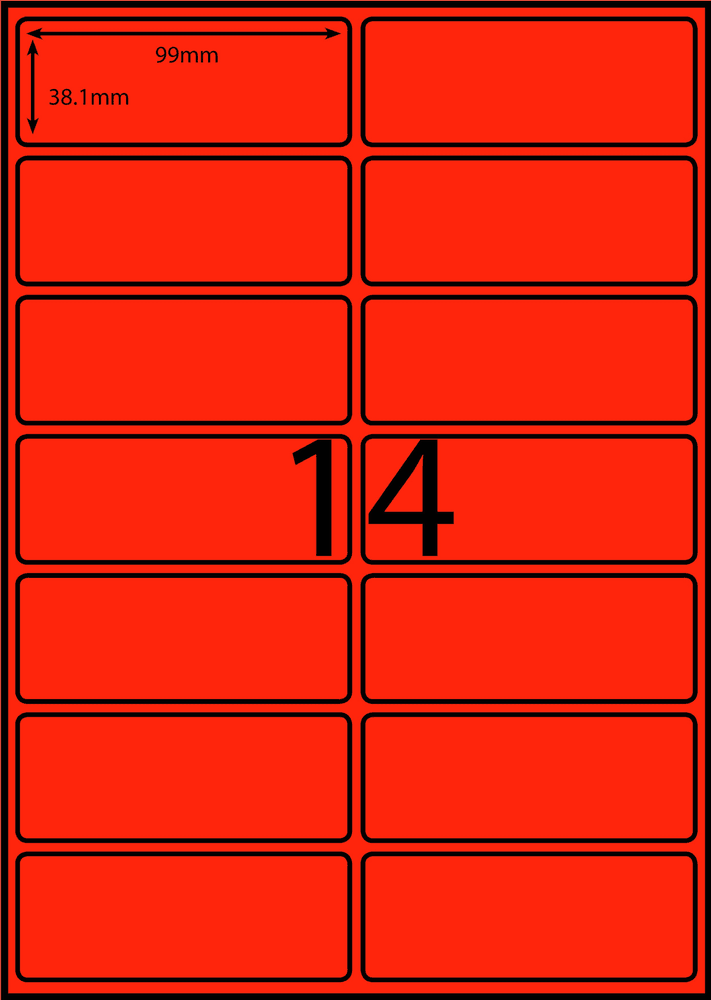 99 x 38.1 mm red A4 sheet label, 14 per sheet, 2 across.