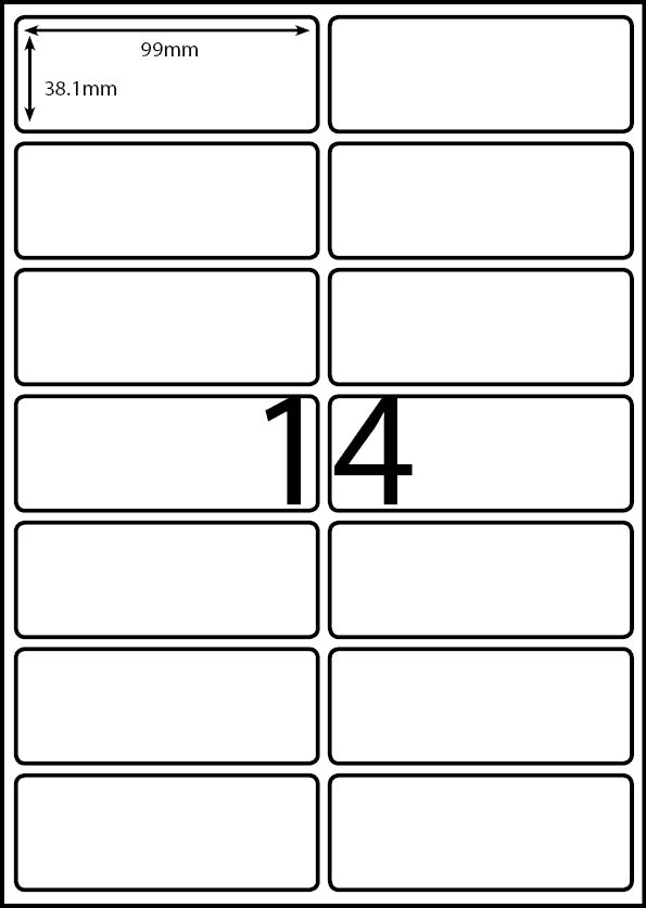 99 x 38.1 mm white A4 sheet label, 14 per sheet, 2 across.