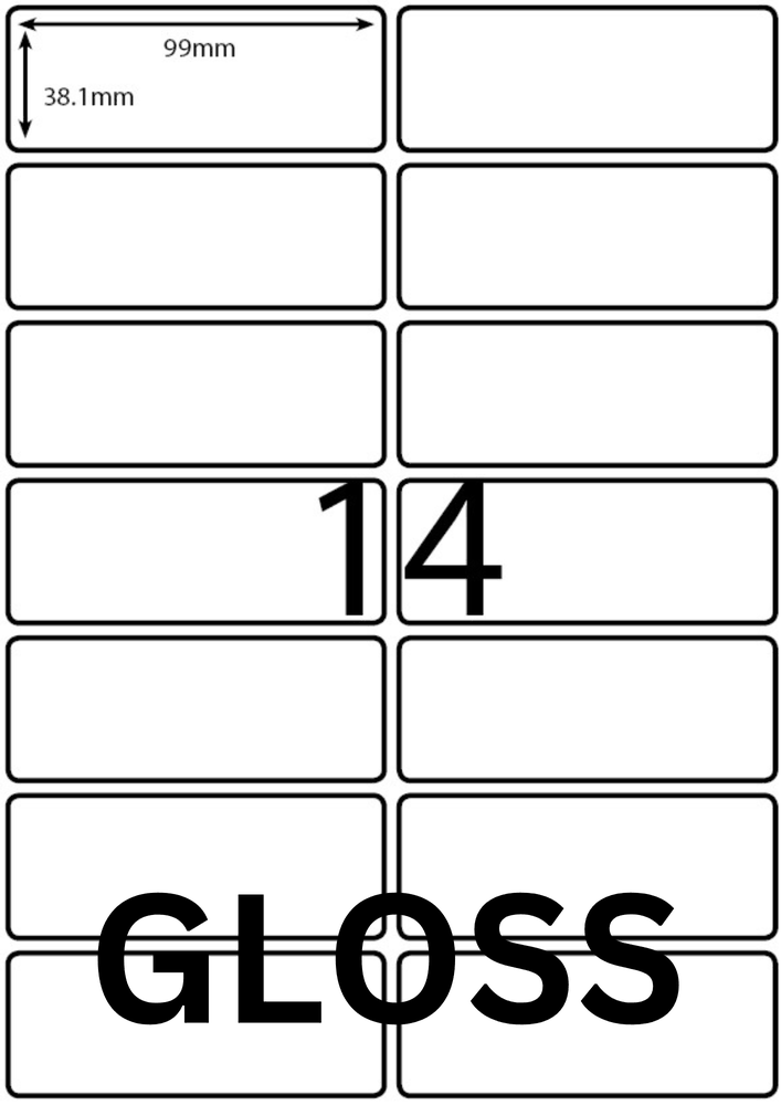 99 x 38.1 mm white A4 sheet label, 14 per sheet, 2 across.