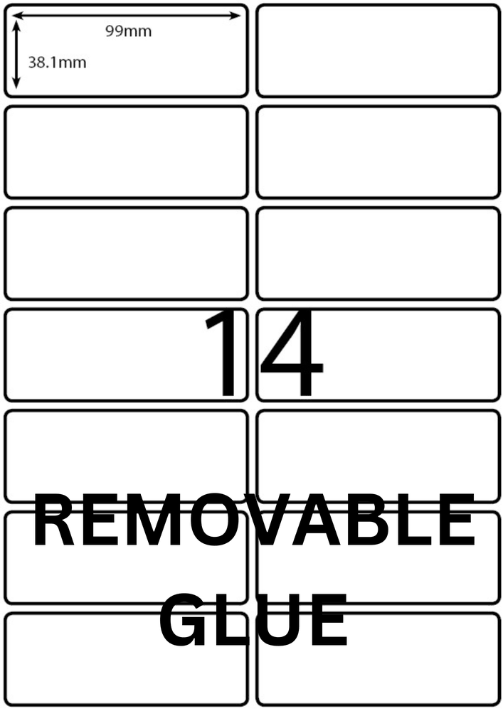 99 x 38.1 mm white A4 sheet label, 14 per sheet, 2 across.