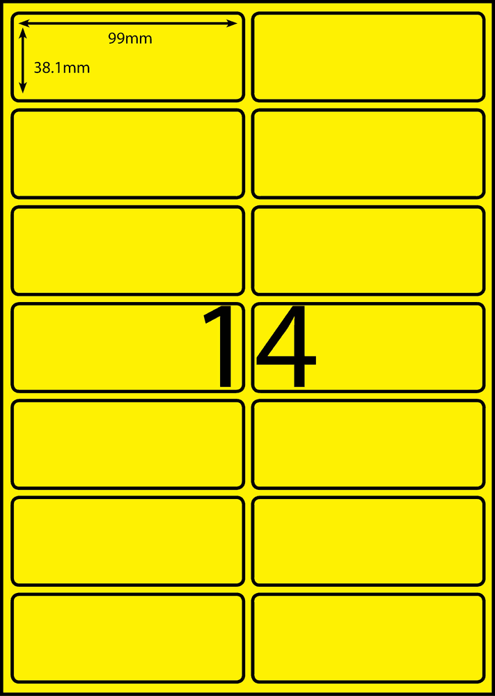 99 x 38.1 mm yellow A4 sheet label, 14 per sheet, 2 across.