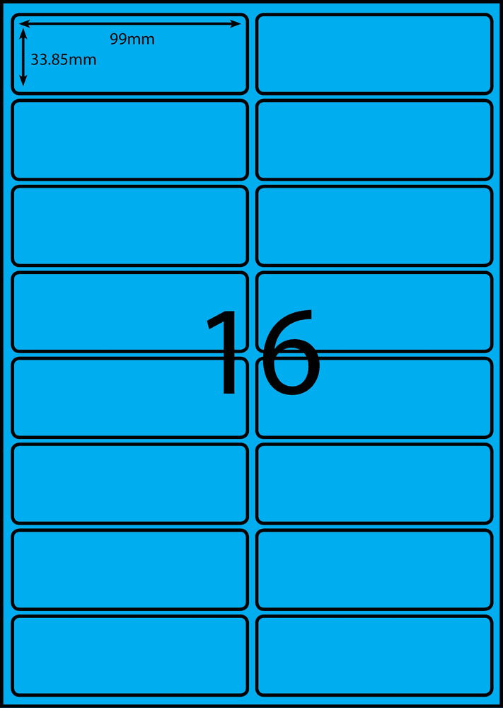 99 x 33.85 mm blue A4 sheet label, 16 per sheet, 2 across.