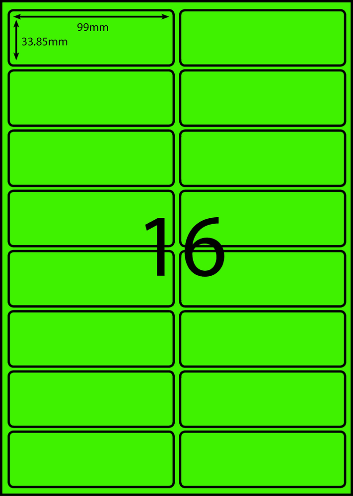 99 x 33.85 mm green A4 sheet label, 16 per sheet, 2 across.