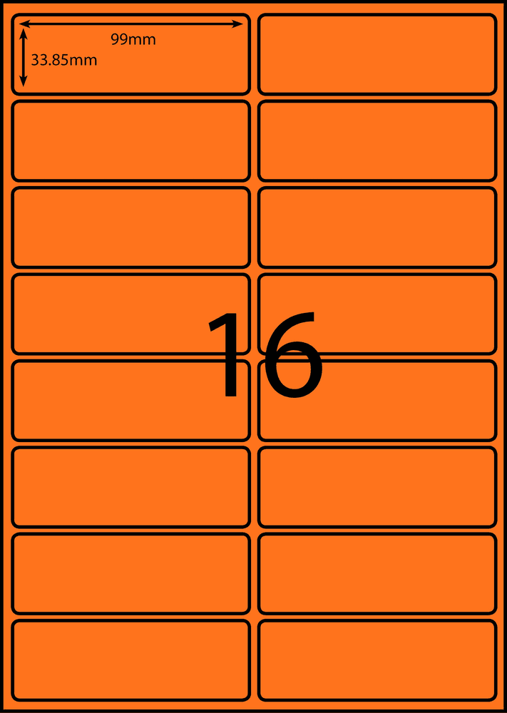 99 x 33.85 mm orange A4 sheet label, 16 per sheet, 2 across.